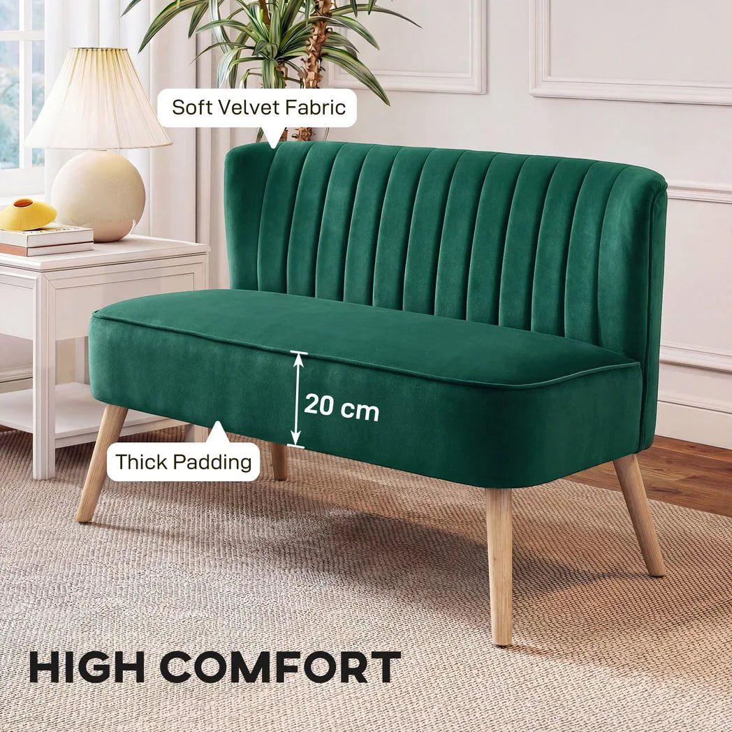 HOMCOM 117cm Small 2 Seater Loveseat Sofa with Thick Padded Seat & Rubberwood Legs – Velvet-Feel, Dark Green