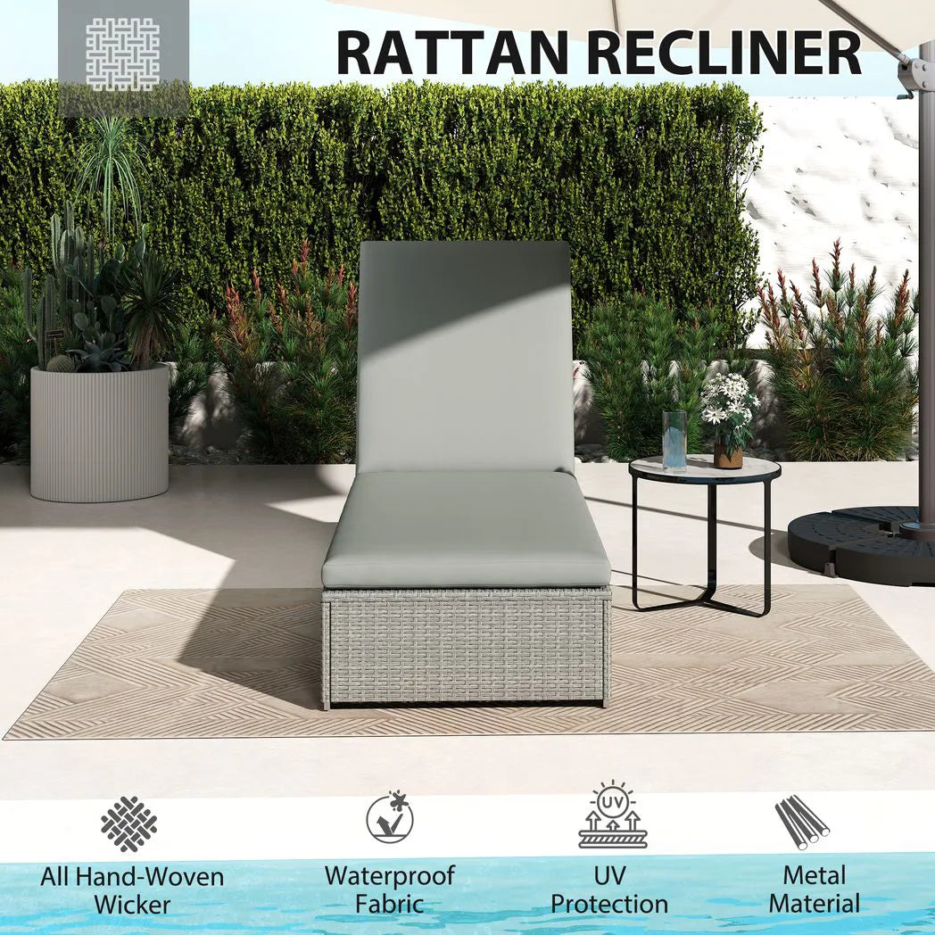 Outsunny Rattan Sun Lounger with Cushion – Five-Position Reclining Garden Lounger Bed, Light Grey