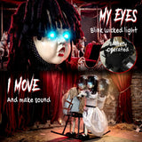 HOMCOM Animated Halloween Girl on Rocking Horse, 72cm Animatronic with Glowing Eyes and Sound/Touch Activation