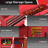 HOMCOM Three-Part Steel Locking Tool Chest with Wheels, 6 Drawers and Side Pegboard – Garage Storage, Red