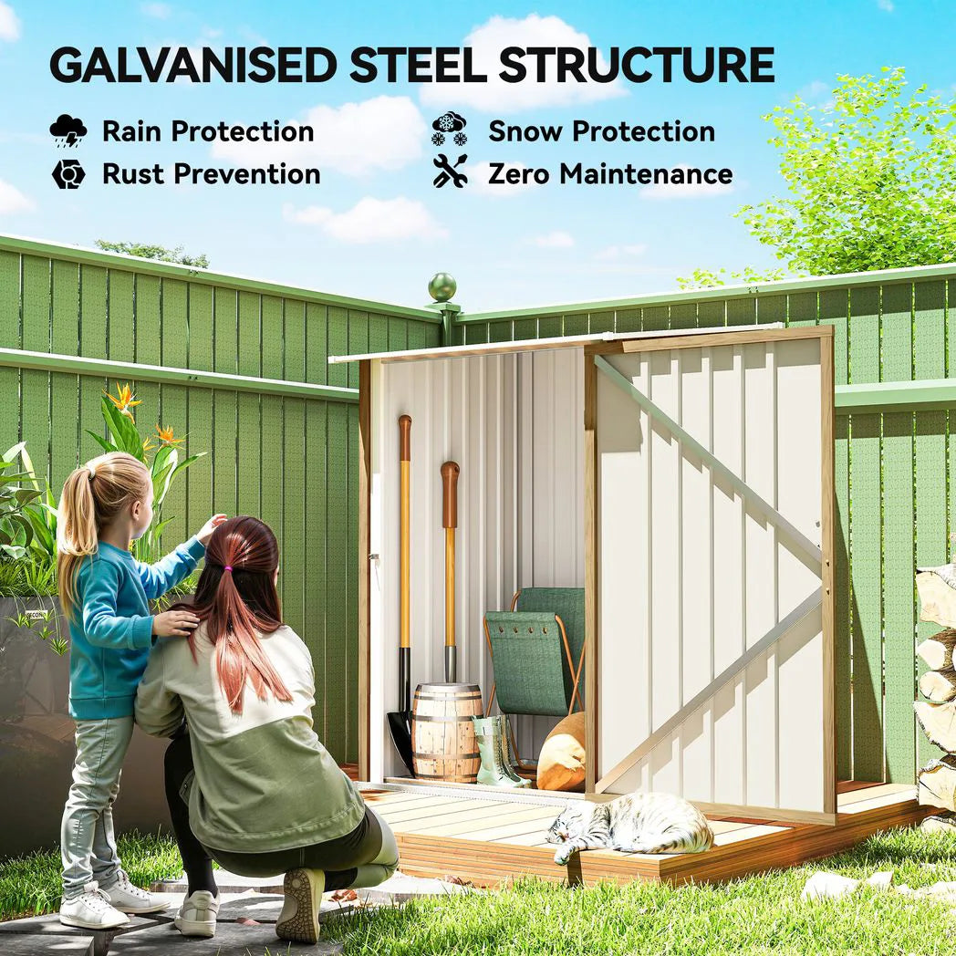 Outsunny Lean-To Steel Garden Shed with Locking Door – 3.3 x 3.4ft Tool Storage, Light Brown Wood Effect/White