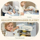 AIYAPLAY Wooden Dishwasher Playset with Faucet, Sink & 32 Accessories – Toy Kitchen Washing-Up Set