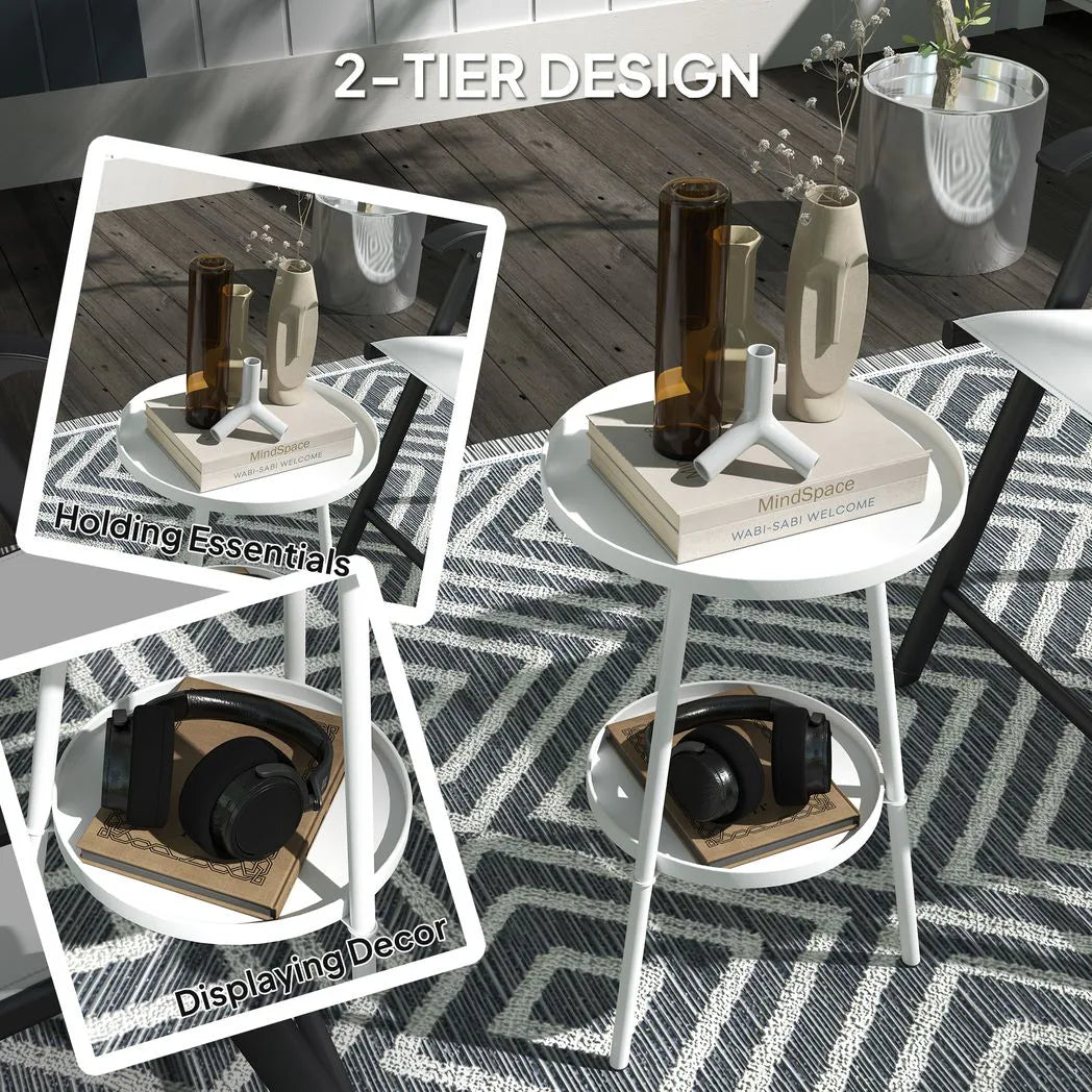 Outsunny Two-Tier Metal Garden Table with Tray-Style Tops – Compact Bistro and Balcony Side Table, White