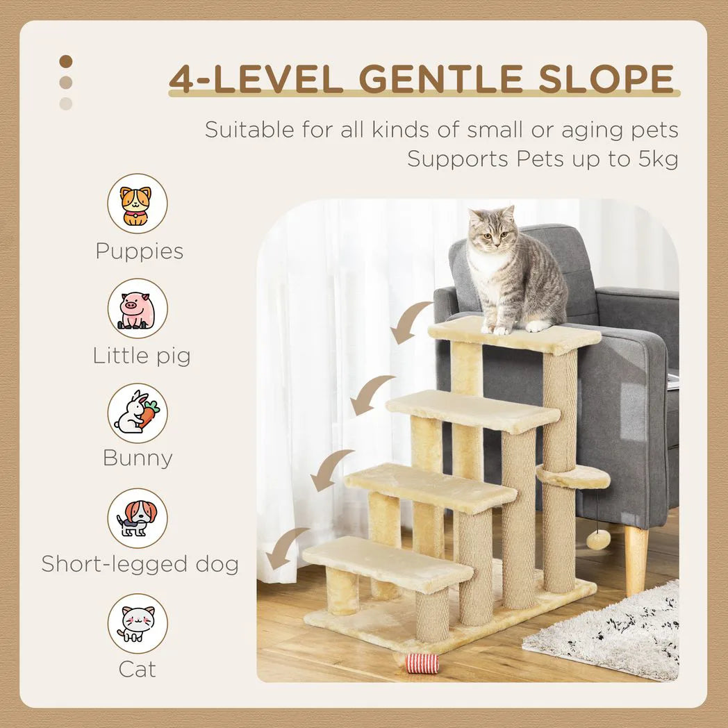 PawHut 4-Step Cat Stairs with Scratching Posts, Platform and Toy Ball – Pet Steps, Beige