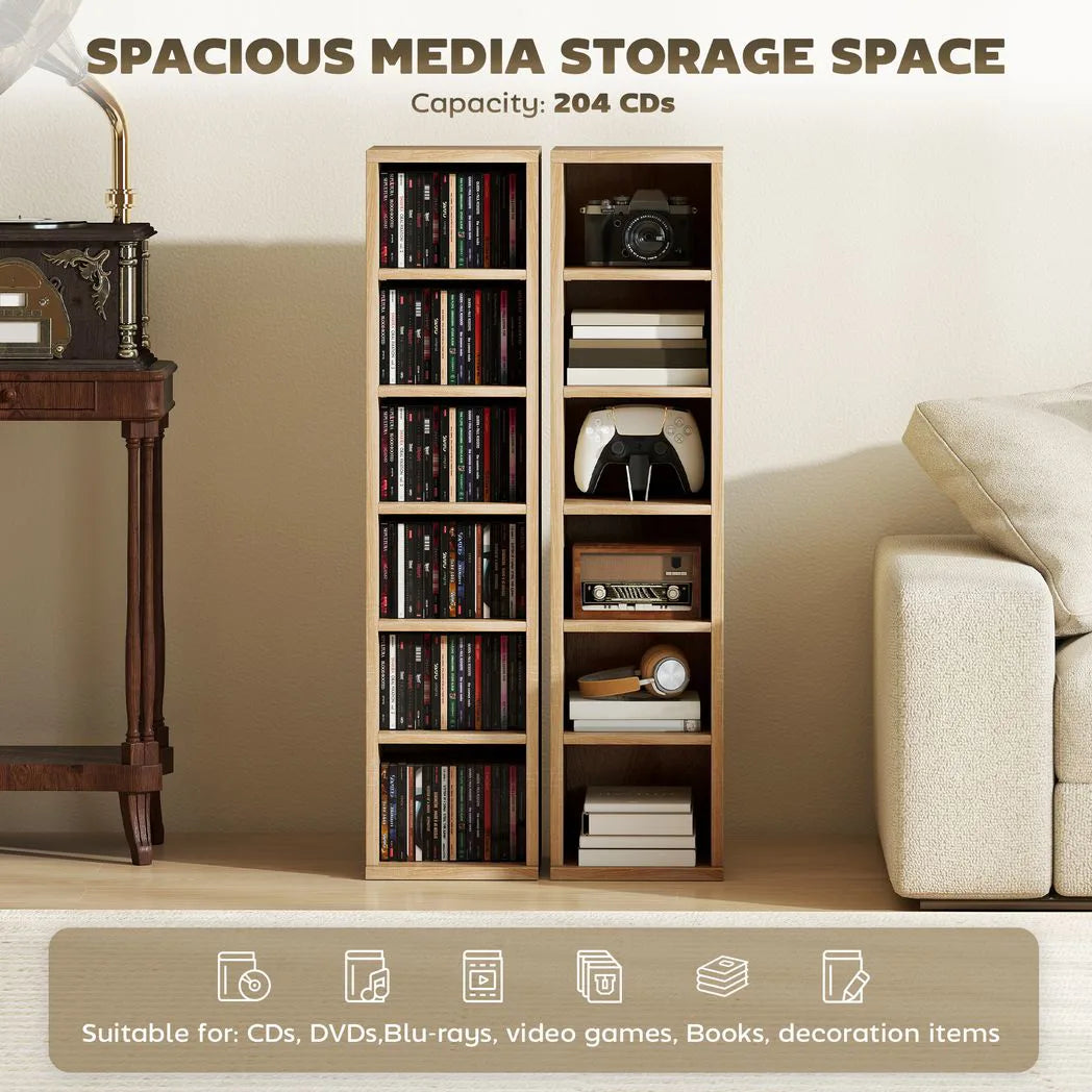 HOMCOM Set of 2 CD and Media Storage Tower Shelves with Adjustable Shelves and Anti-Tip Kits – Oak
