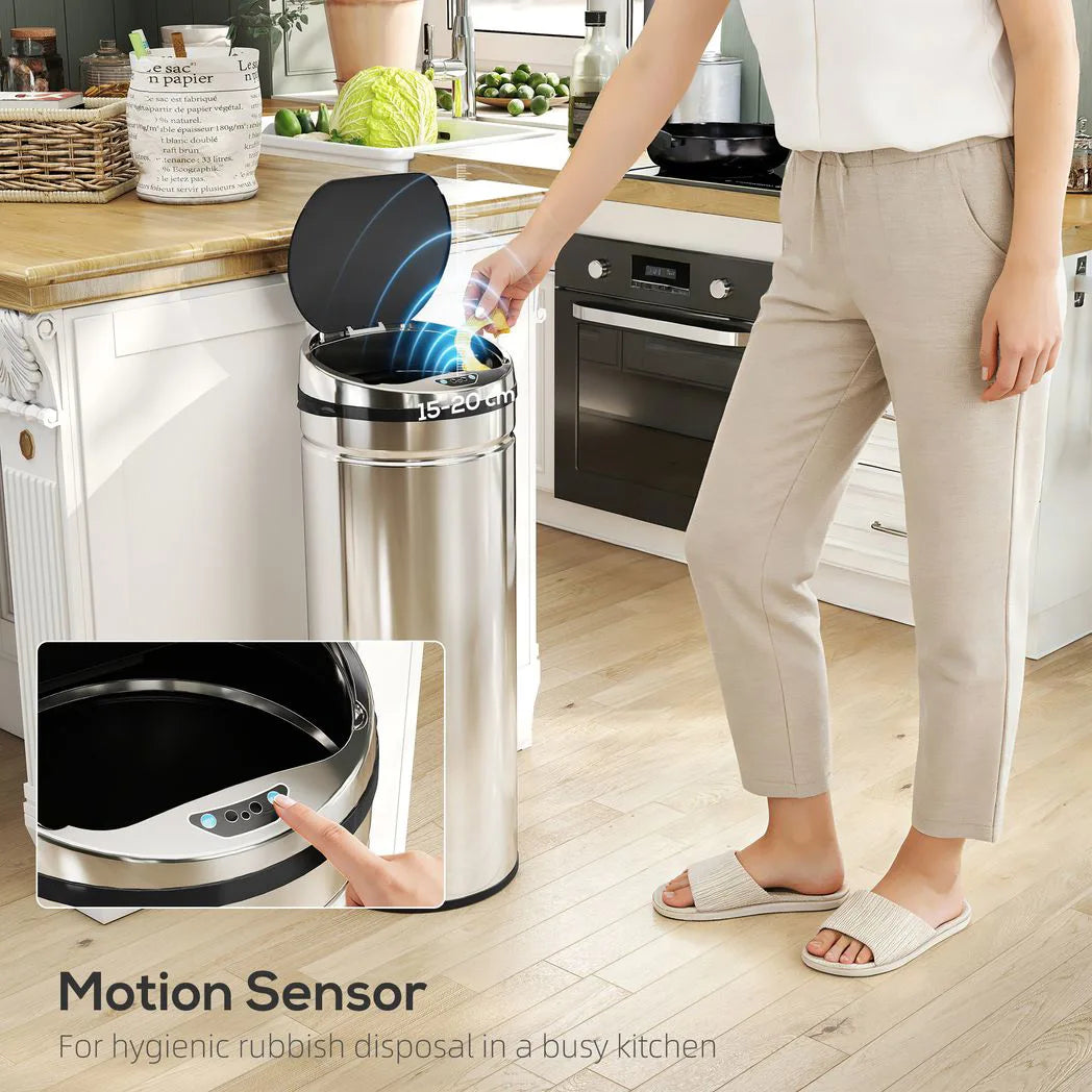 HOMCOM 50L Stainless Steel Sensor Bin with Soft-Close Lid – Touch-Free Automatic Kitchen Bin, Silver Tone