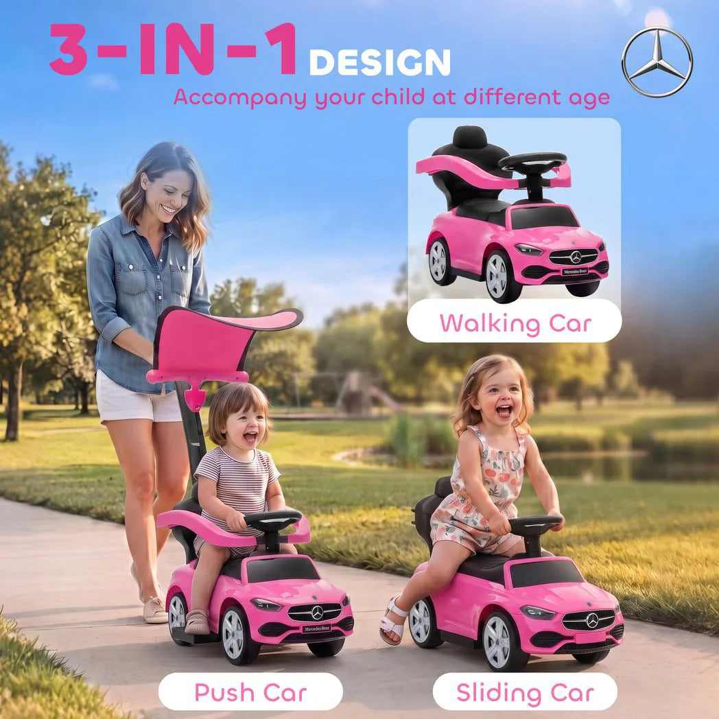 AIYAPLAY 4 in 1 Licensed Mercedes-Benz Ride On Push Car with Canopy, Guardrails, Horn and Music – 12–36 Months, Pink