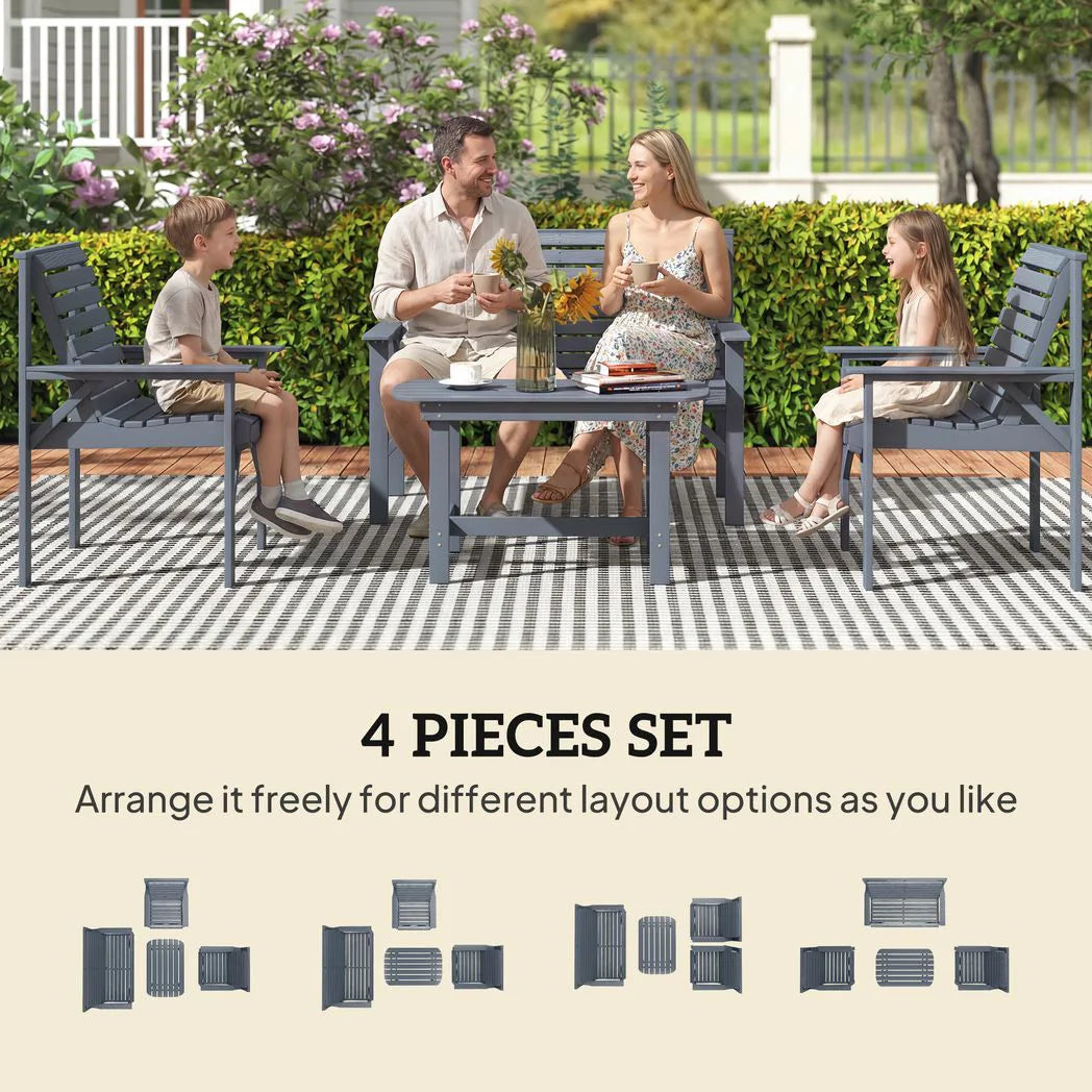 Outsunny 4 Piece Wooden Garden Sofa Set – Loveseat, Two Armchairs and Coffee Table, Embossed Solid Wood, Grey