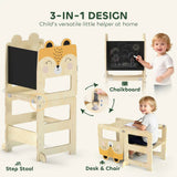 AIYAPLAY 3-in-1 Toddler Step Stool with Chalkboard – Fox-Shaped Standing Tower for Kitchen Counter, Natural