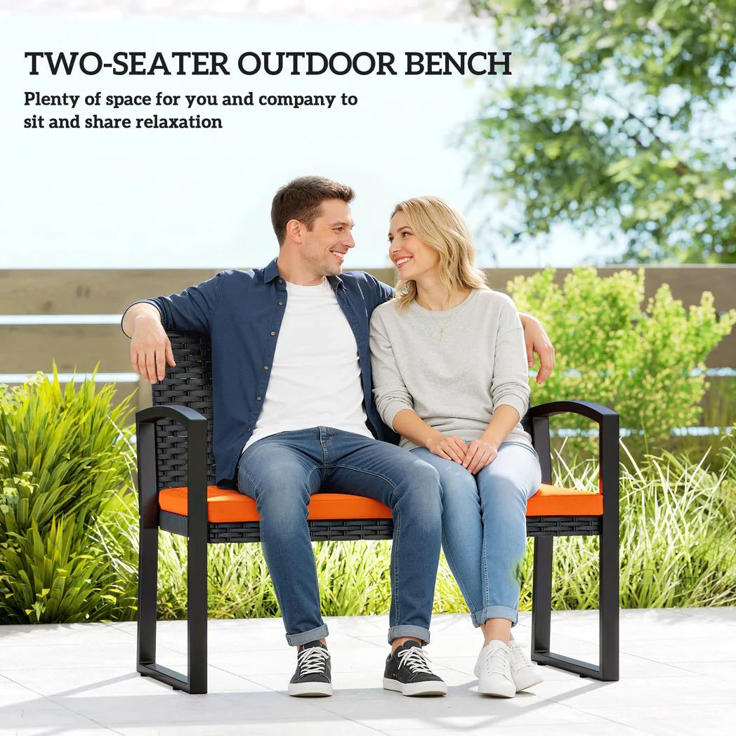 Outsunny 2 Seater Rattan Garden Bench with Padded Cushion, Orange
