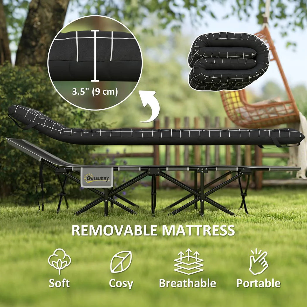 Outsunny 67cm Wide Folding Camping Bed with Mattress, Storage Pocket and Carry Bag, 150kg Max Load – Black