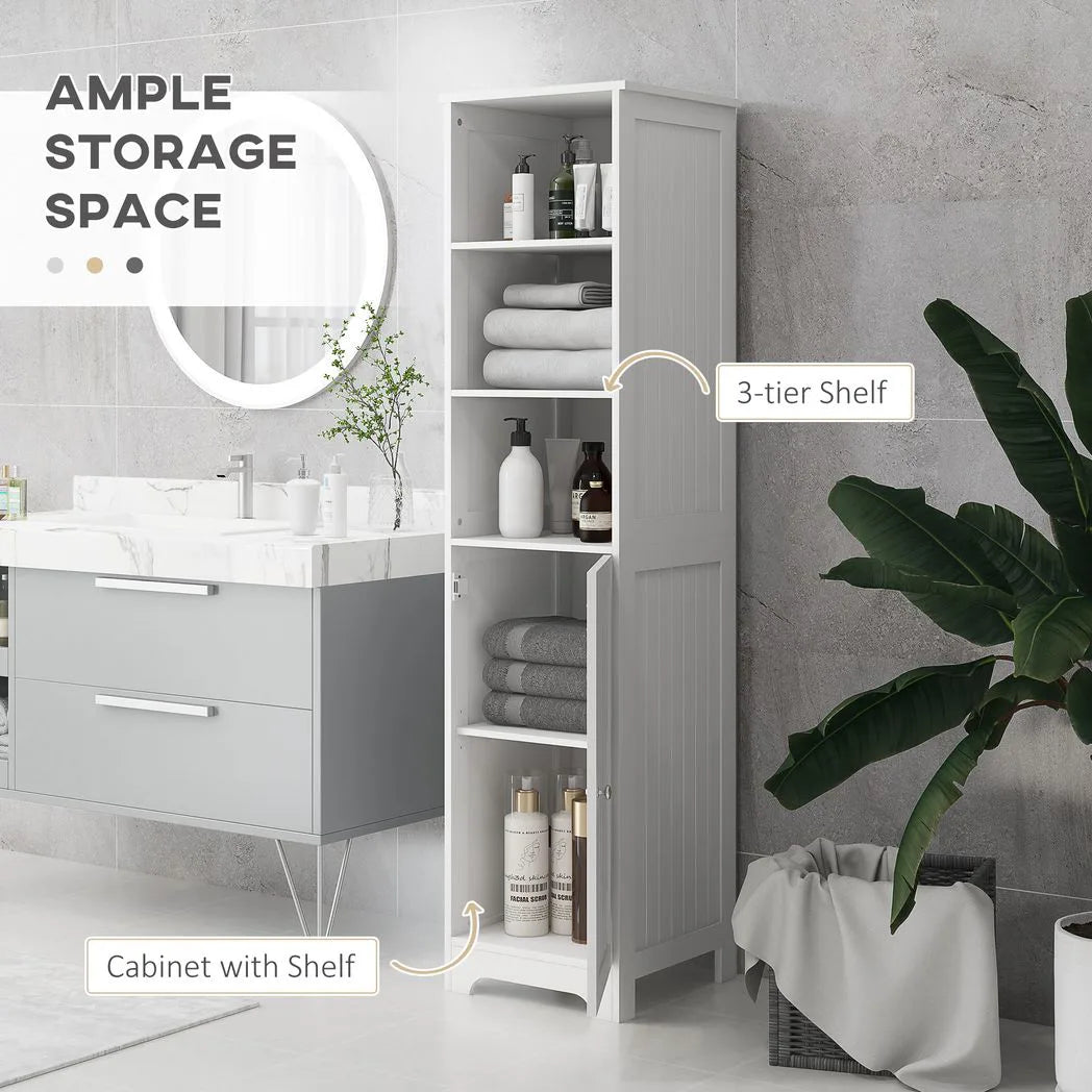 HOMCOM Slim Tall Bathroom Storage Cabinet with 3 Open Shelves and Adjustable Shelf – Space-Saving, White