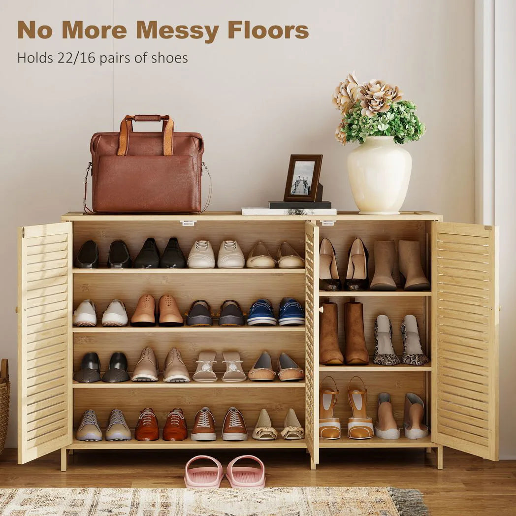 HOMCOM Bamboo Shoe Cabinet with Louvred Doors and Adjustable Shelves – Holds 18 Pairs, Natural