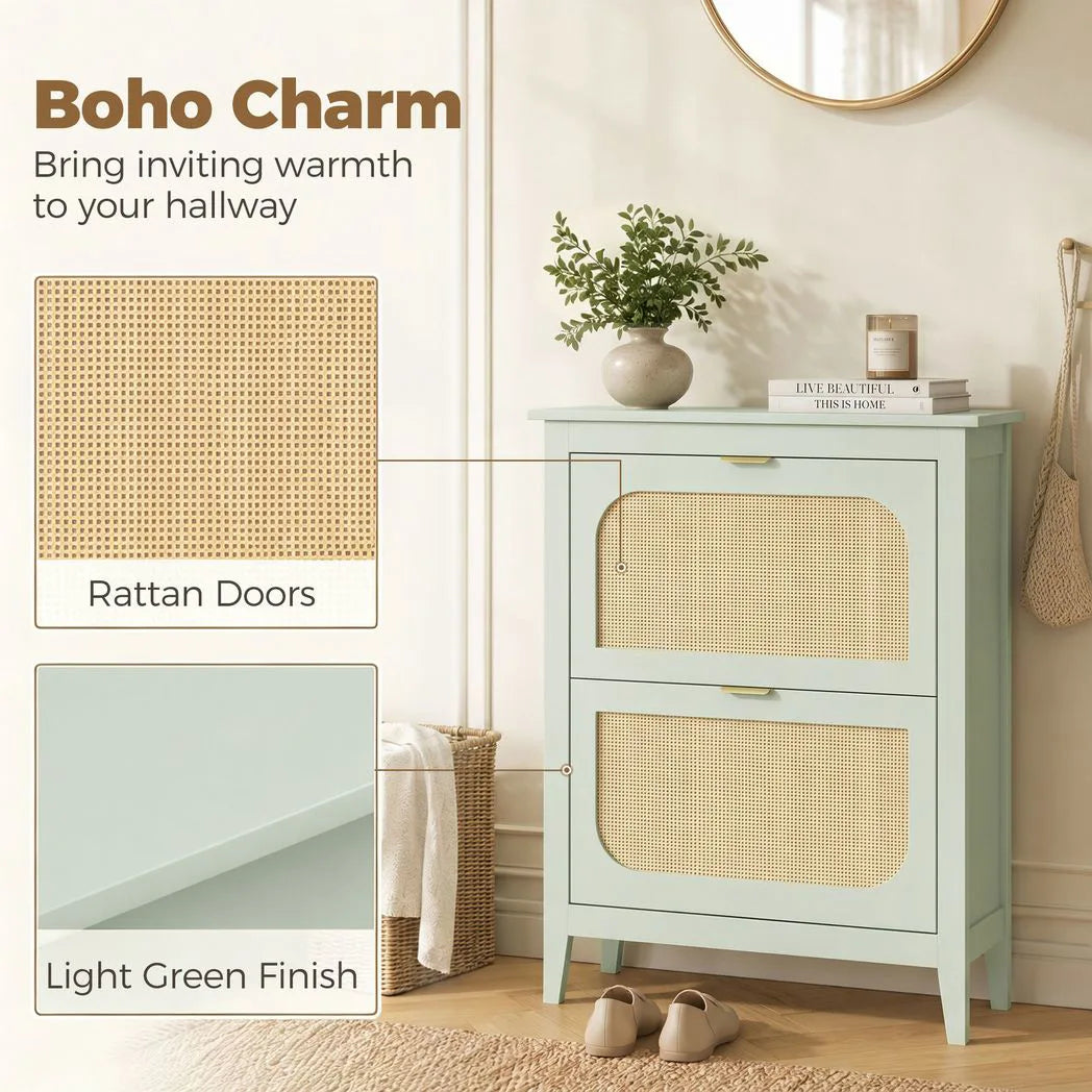 HOMCOM Boho Slim Shoe Cabinet with 2 Flip Drawers and Rattan-Accent Doors – Holds 14 Pairs, Light Green