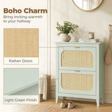 HOMCOM Boho Slim Shoe Cabinet with 2 Flip Drawers and Rattan-Accent Doors – Holds 14 Pairs, Light Green