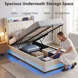 HOMCOM 3ft Single Ottoman Bed Frame with Hydraulic Storage, LED Lights, Charging Station and Headboard – White