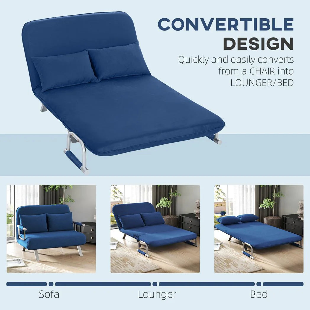 HOMCOM Two-Seater Click-Clack Sofa Bed with 5-Position Backrest – Faux Suede Folding Sleeper Sofa, Dark Blue
