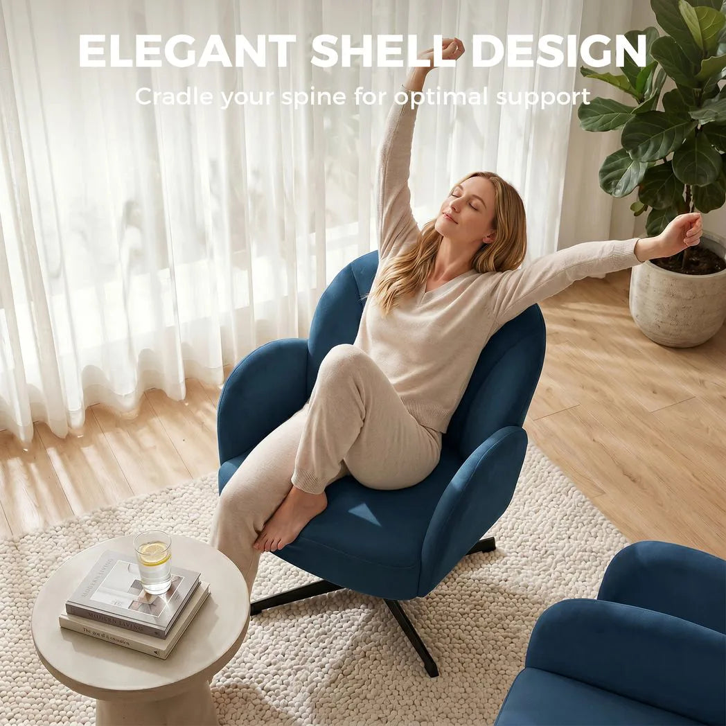 HOMCOM Swivel Accent Chair with Shell Back, Spring Cushion and Metal Base – Velvet-Feel Armchair, Dark Blue