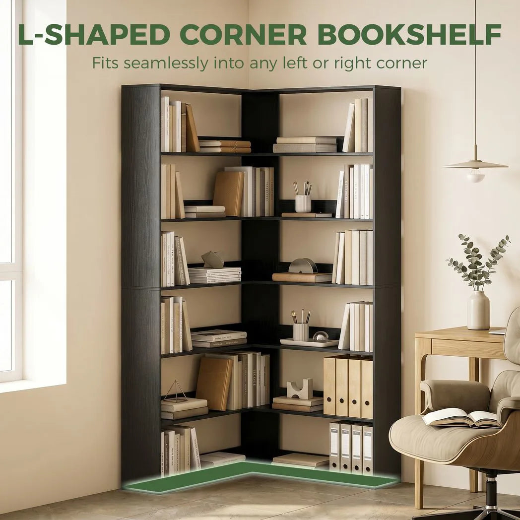 HOMCOM 7-Tier L-Shaped Corner Bookcase with Anti-Slip Rear Guards – 180 cm Display Shelf, Black Wood Effect