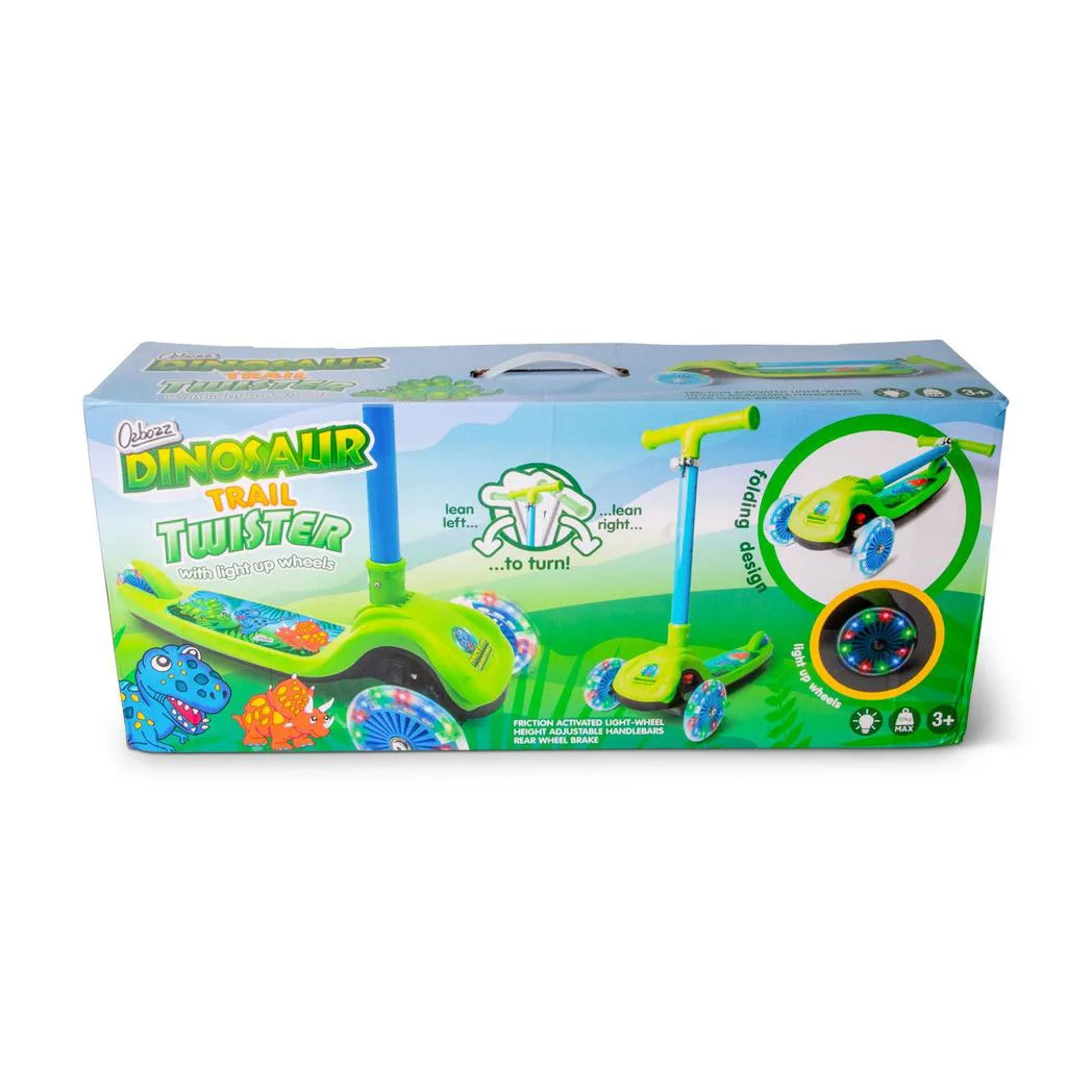 Ozbozz Dinosaur Trail Twister Folding Scooter with 3 Light-Up Wheels – Kids Outdoor Ride-On, Green
