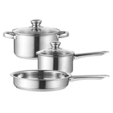 Stainless Steel 3 Piece Cookware Set with Milk Pan, Stockpot, Frying Pan and Glass Lids – Steel Handles
