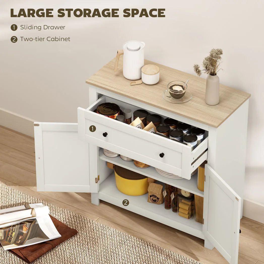 HOMCOM Sideboard Storage Cabinet with Drawer, Double Doors & Adjustable Shelf – Modern Kitchen Cupboard, Cream White