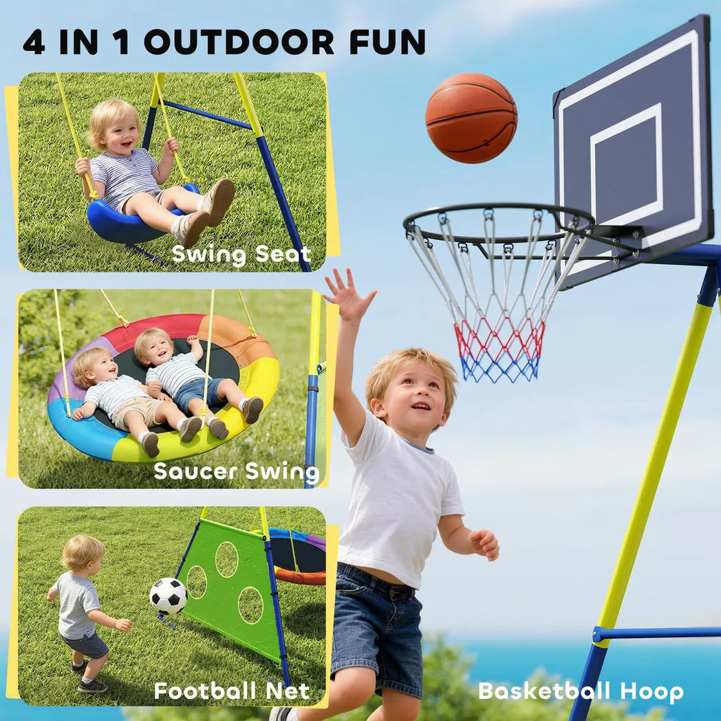 AIYAPLAY 4-in-1 Kids Swing Set with Saucer Swing, Basketball Hoop & Football Goal – Outdoor Garden Playset