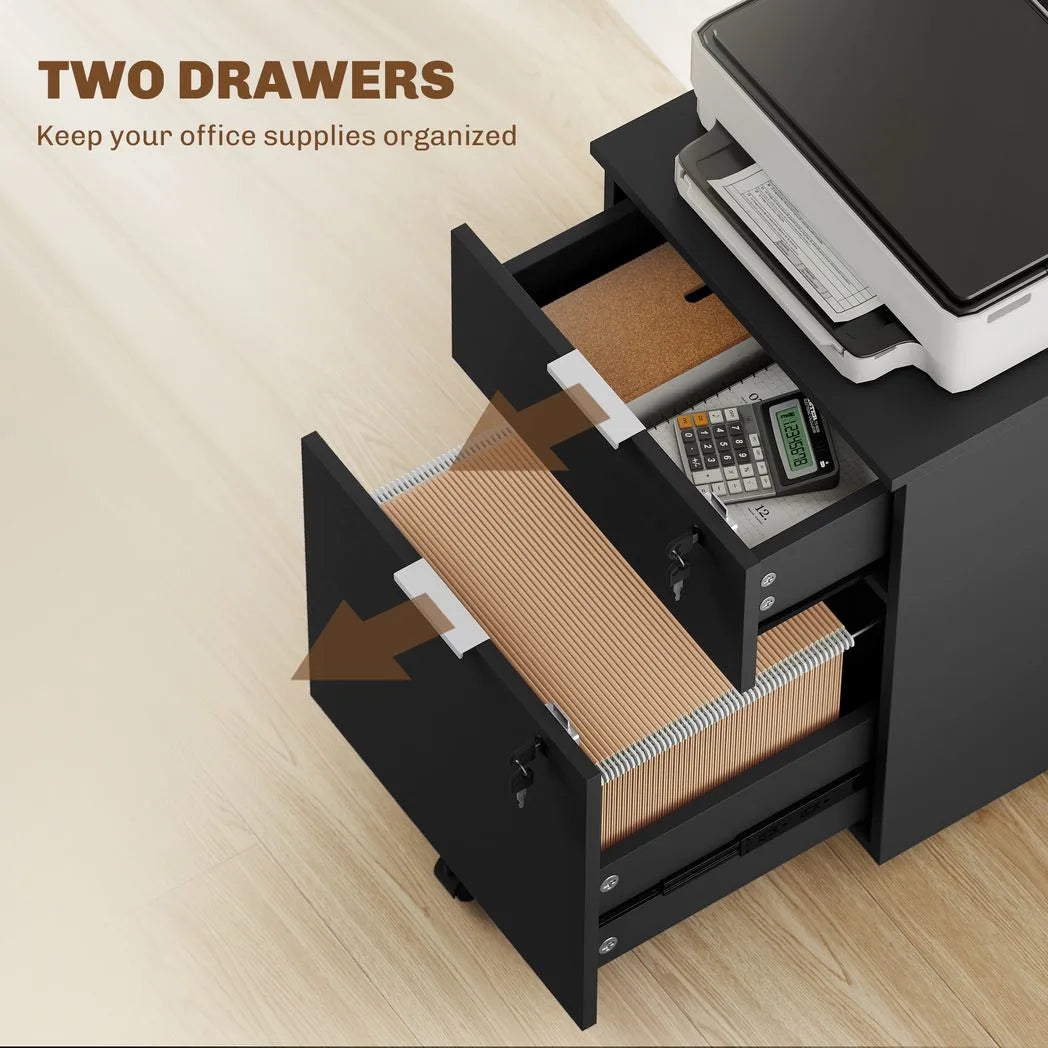 HOMCOM Two-Drawer Lockable Filing Cabinet with Wheels and Brakes – Under Desk Office Storage, Black