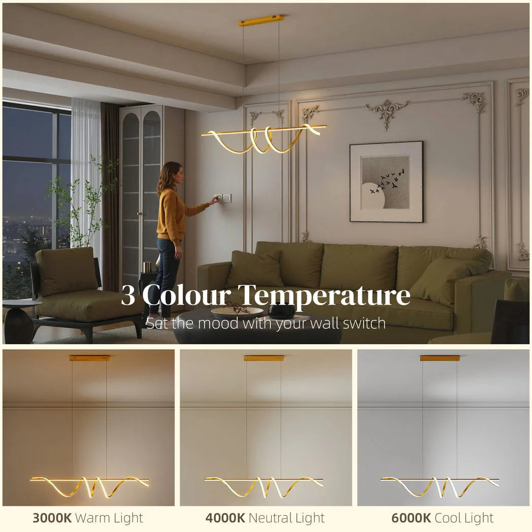 HOMCOM LED Spiral Pendant Light with 3 Colour Temperatures and Adjustable Height – Gold Tone Ceiling Light