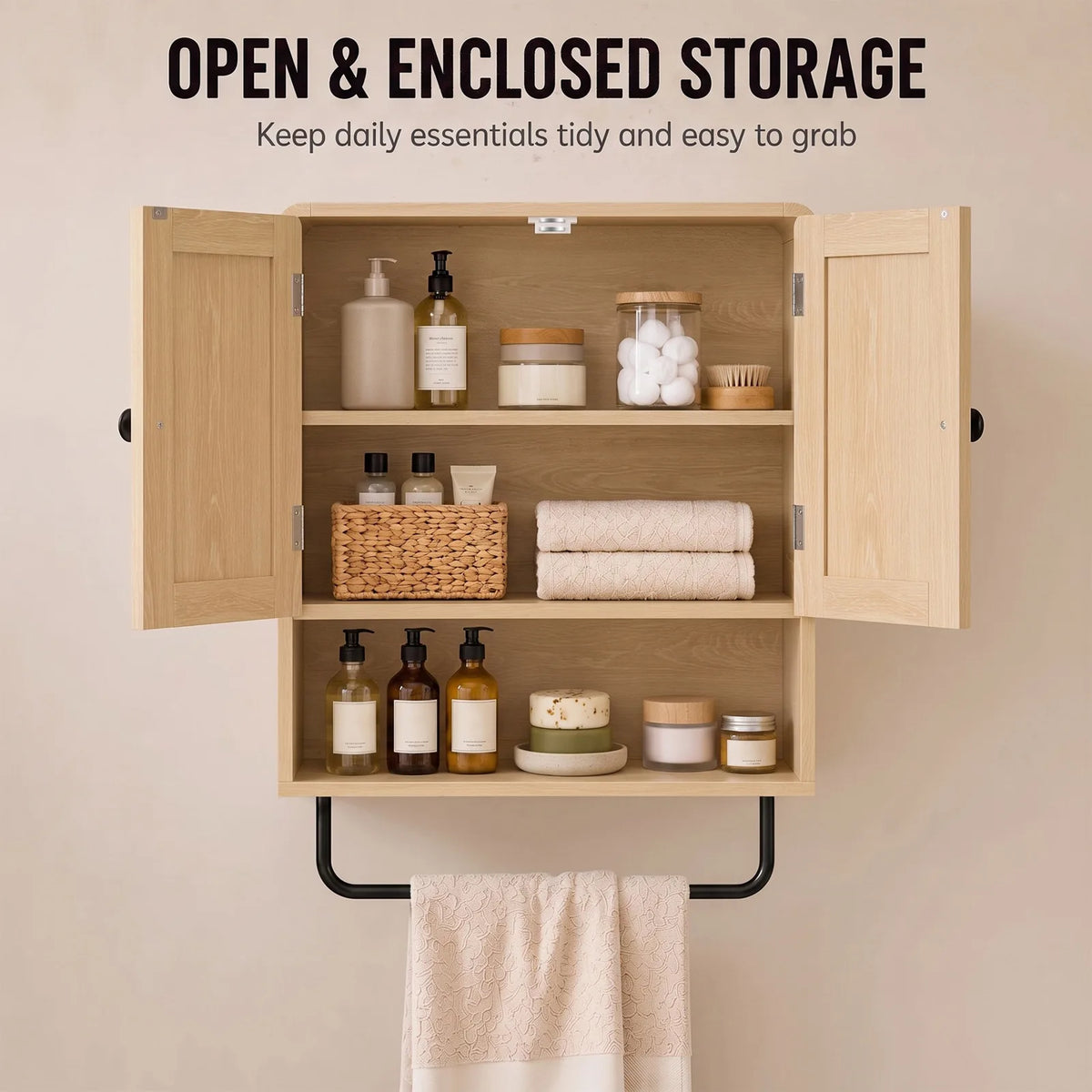 HOMCOM Wall-Mounted Bathroom Cabinet with 2 Doors, Open Shelf and Towel Rail – Bathroom Storage, Oak
