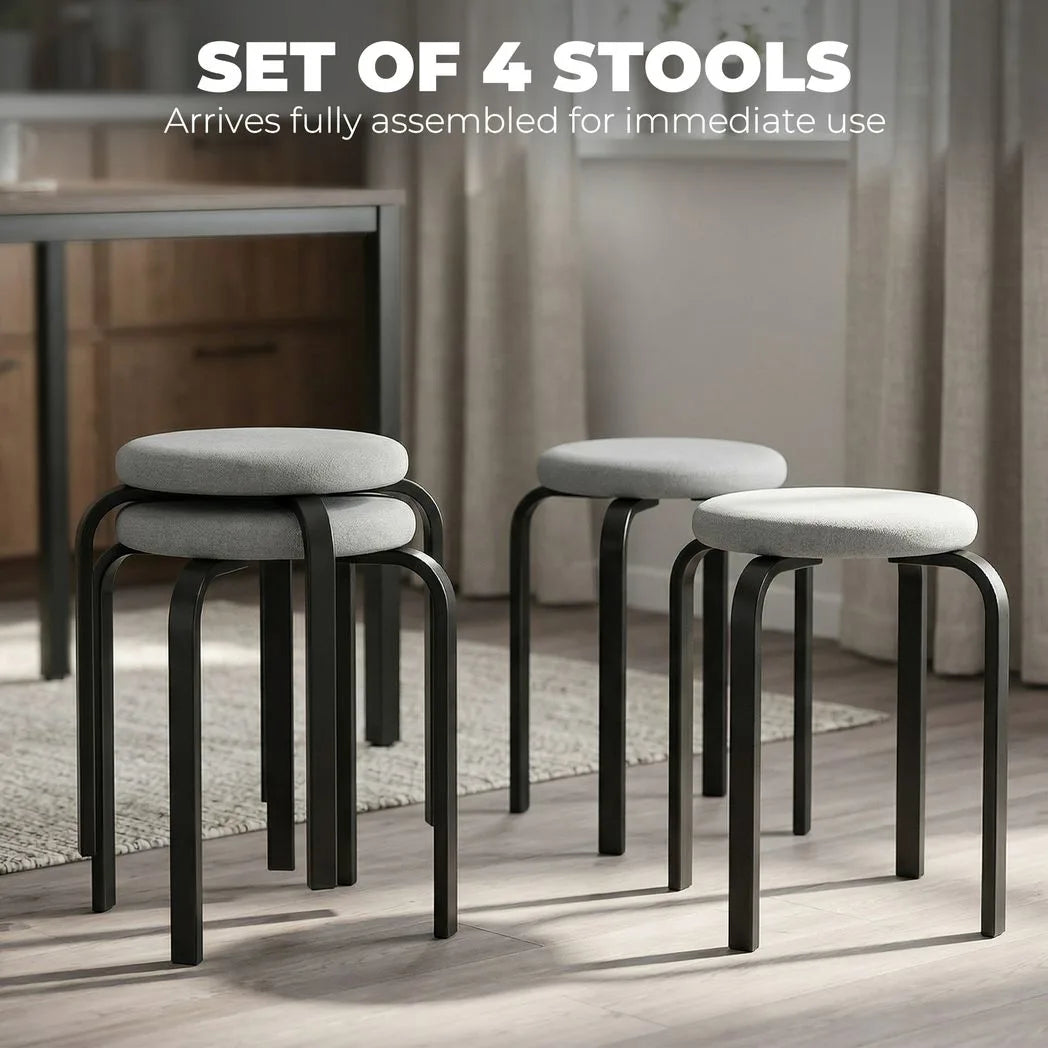 HOMCOM Set of 4 Stackable Round Stools with Cushioned Seats – Backless Kitchen and Dining Room Seating, Grey