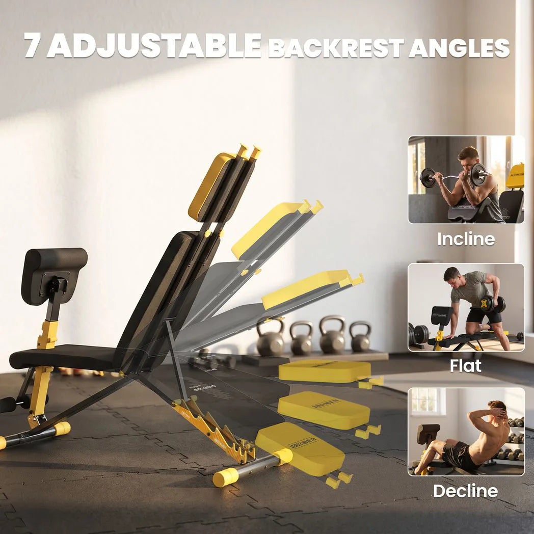 SPORTNOW Adjustable Weight Bench with 6 Backrest Positions – Foldable Incline Decline Bench, 300kg, Yellow