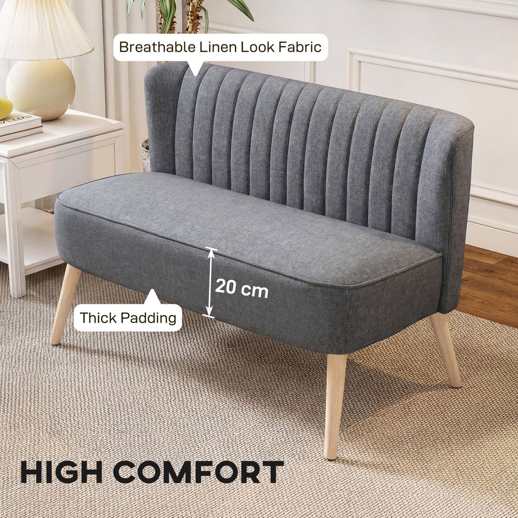 HOMCOM 117 cm Small 2 Seater Loveseat Sofa with Thick Padded Seat and Rubberwood Legs, Grey