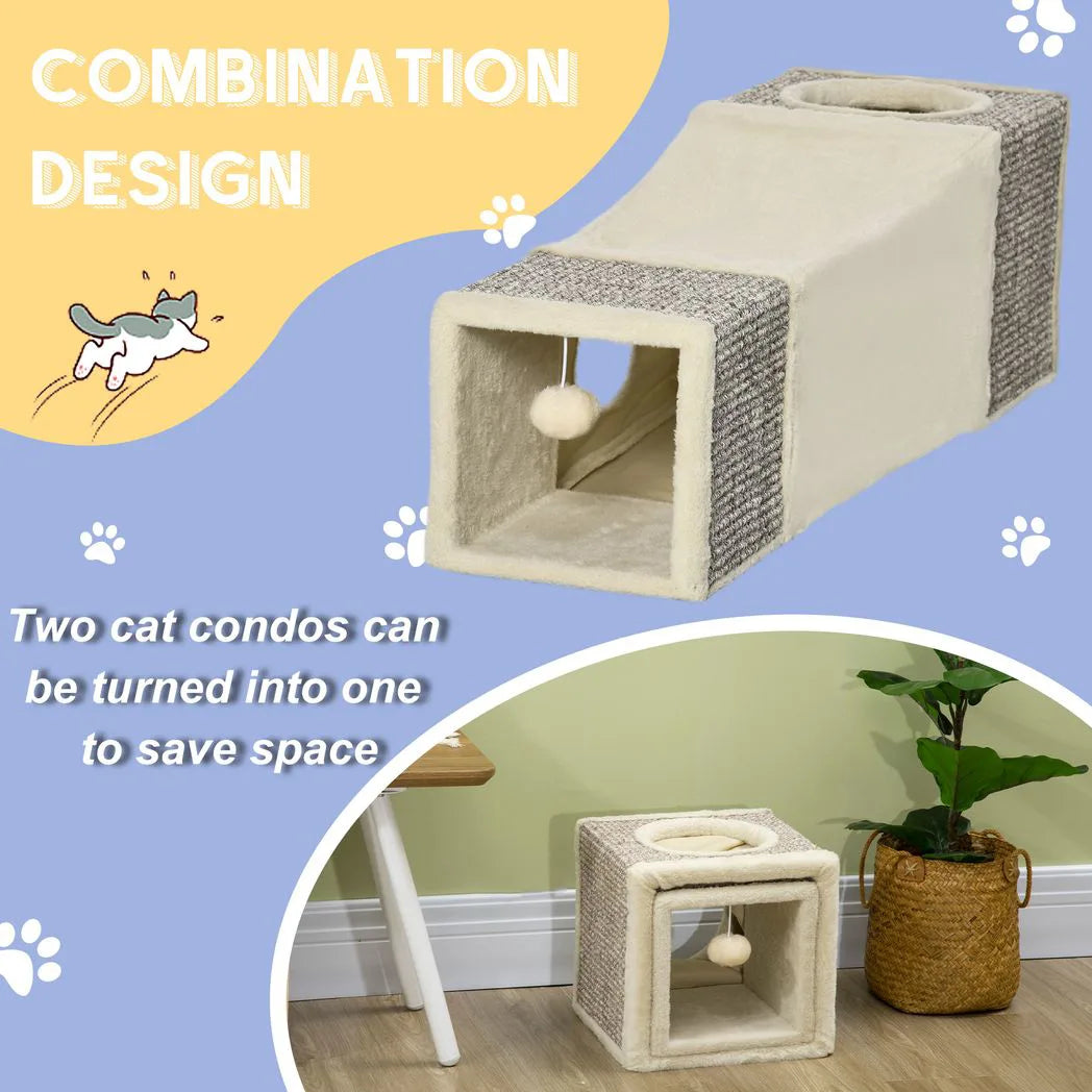 PawHut Plush Cat Tunnel with Two Caves and Hanging Ball – Large Sisal Play Tunnel for Cats, Cream White