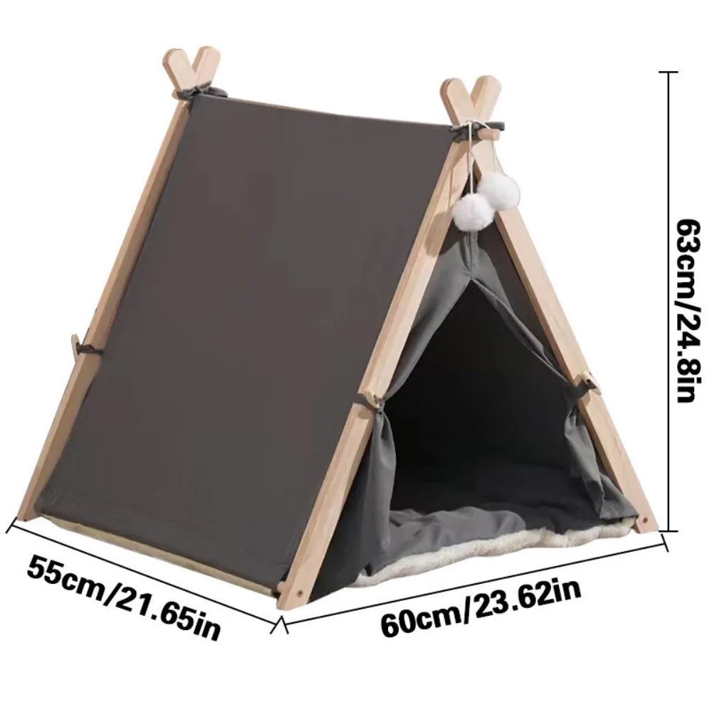 Large Pet Teepee Bed with Cushion – Canvas and Pine Igloo Play Tent for Dogs, Puppies and Cats, Grey