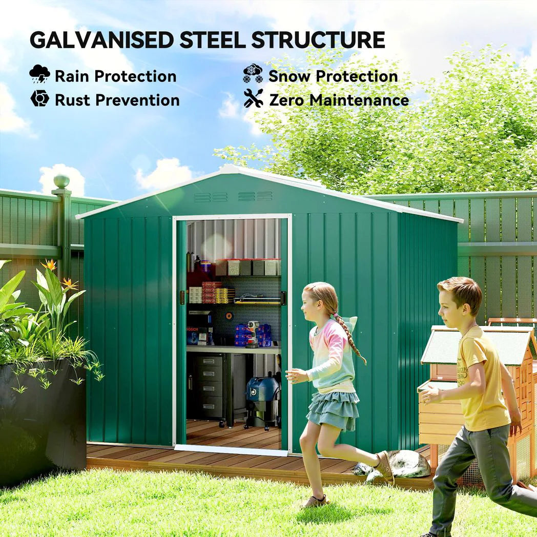 Outsunny 8 x 6ft Galvanised Steel Garden Shed with Sliding Double Doors – Green