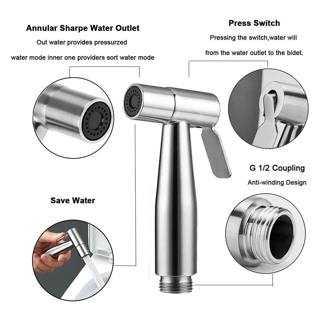Stainless Steel Handheld Bidet Sprayer Set – Toilet Shower Head with 1.5m Hose, T-Valve and Thread Adapters, Silver