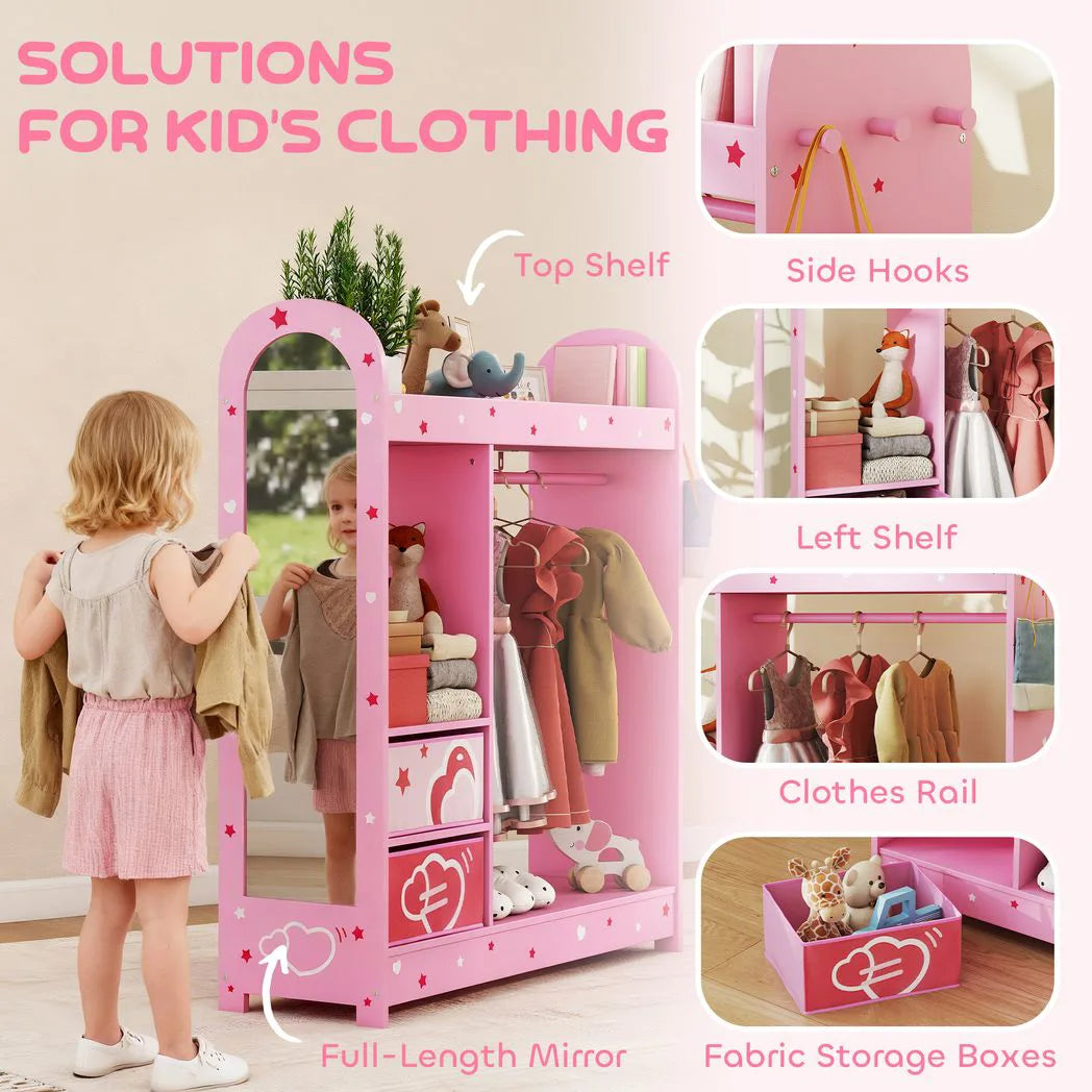 AIYAPLAY Kids Clothes Rail Wardrobe with Mirror, Shelves, Fabric Storage Boxes and Hooks – Bedroom and Nursery Storage, Pink