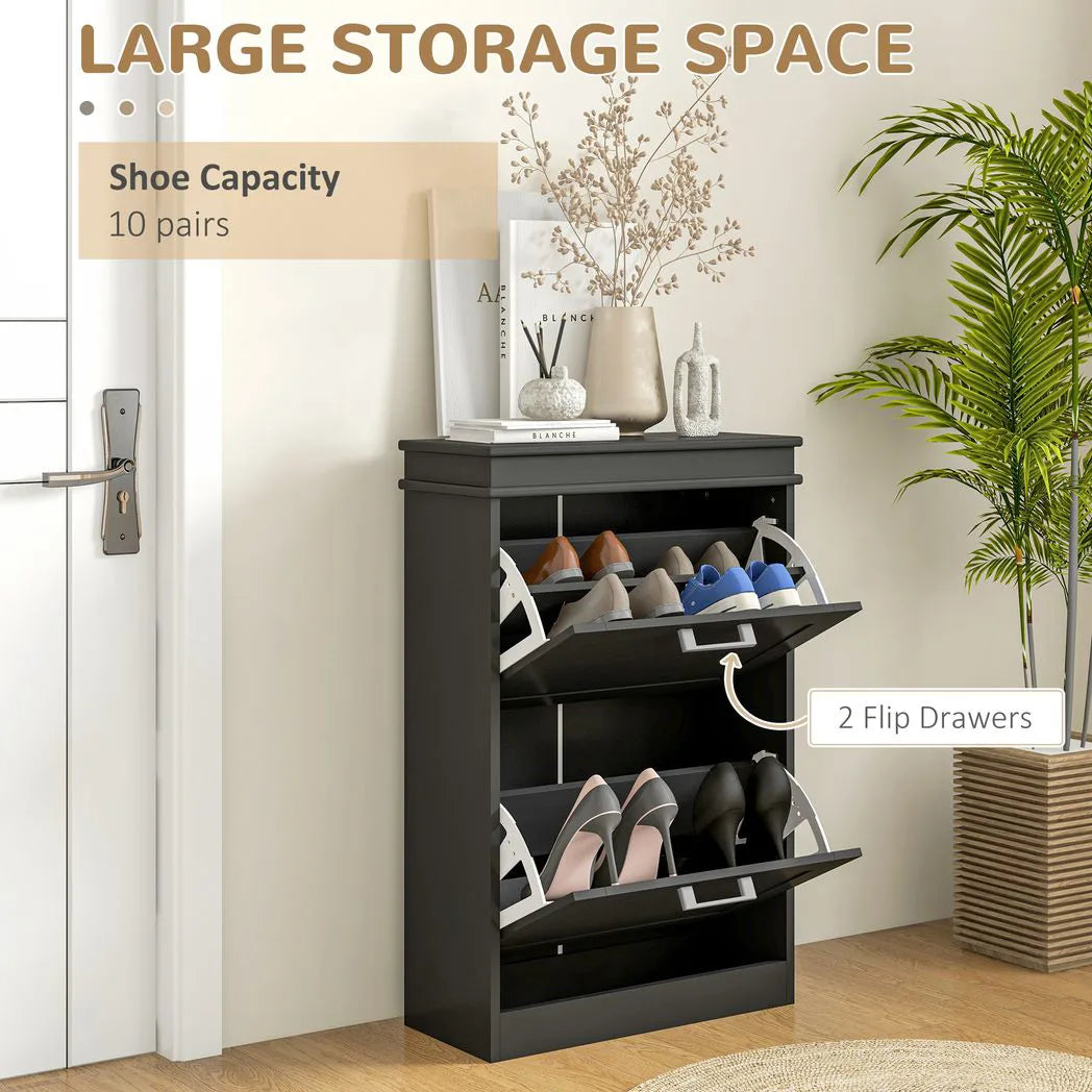 HOMCOM Slim Shoe Cabinet with 2 Flip Drawers, Holds 10 Pairs, 82.5 x 54 x 24 cm – Black