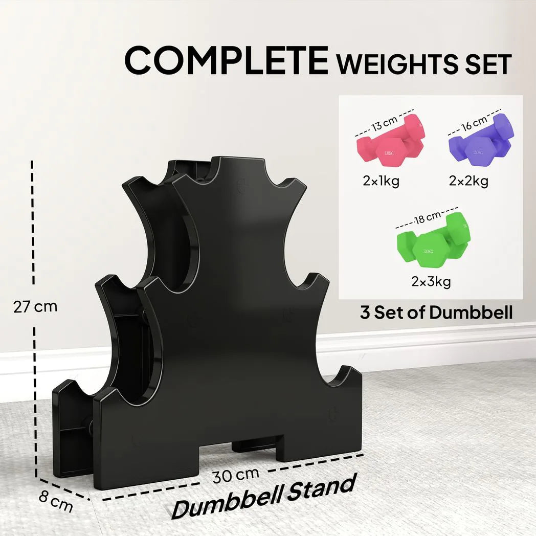 SPORTNOW Hex Dumbbell Set with Storage Rack, 12kg Total (2 x 1kg, 2 x 2kg, 2 x 3kg) – Home Gym Hand Weights