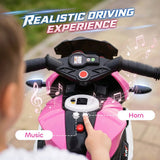 HOMCOM Kids Electric Motorcycle, 6V Three-Wheel Ride-On with LED Headlight, Music & Horn – Ages 3-5, Pink