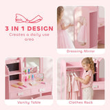 AIYAPLAY 3-in-1 Kids Dressing Table with Stool, Light-Up Mirror and Clothes Rack – Vanity Set Ages 3-8, Pink