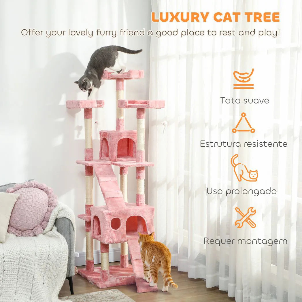 PawHut 173 cm Cat Tree with Scratching Boards and Two Cat Houses – Tall Activity Play Centre, Pink