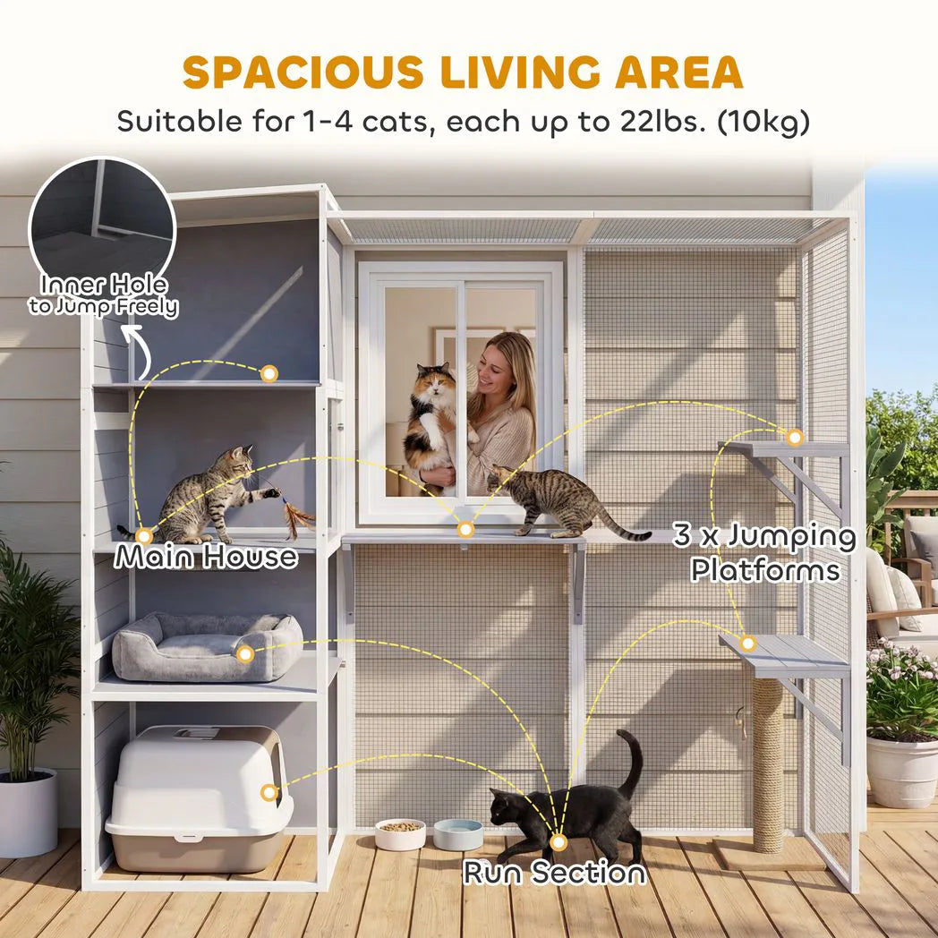 PawHut 4-Tier Wooden Catio Outdoor Cat Enclosure with Sun Roof, Resting Rooms, 3 Platforms & Window, Grey