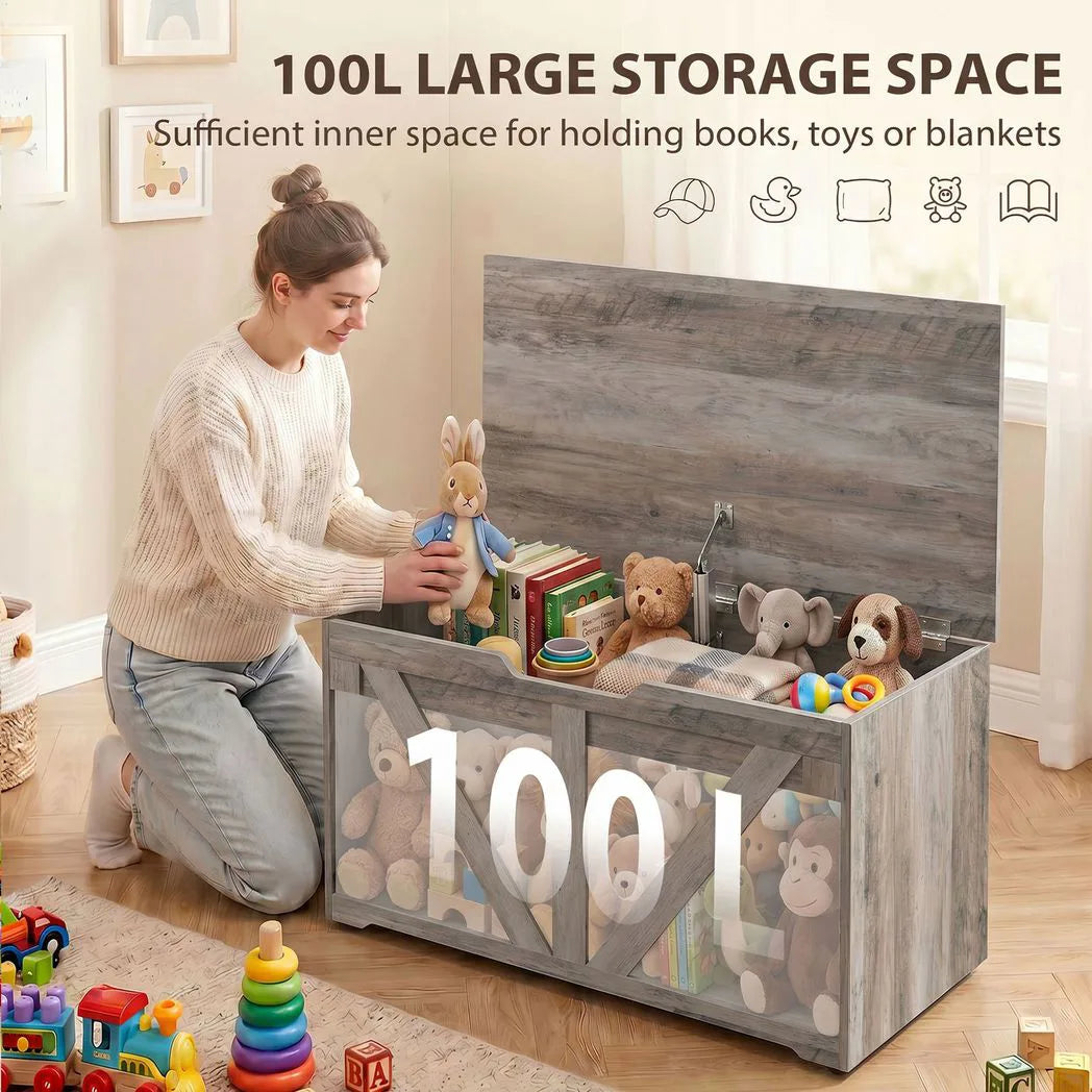 HOMCOM 100L Storage Box with Safety Hinge – Seat Top Storage Chest and Bench, Grey Wood-Effect