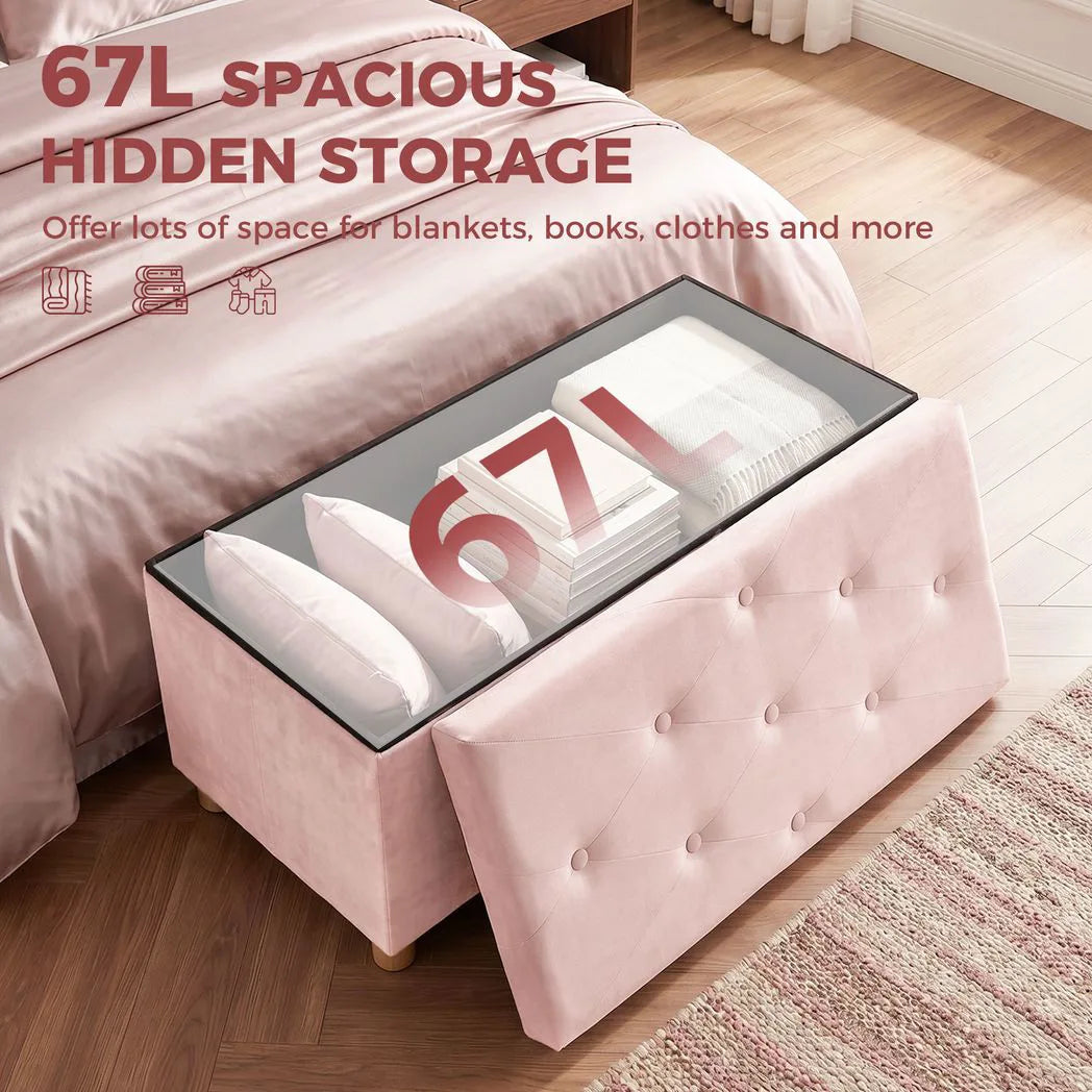 HOMCOM Velvet Upholstered Foldable Storage Ottoman Bench with Wood Legs – Footrest for Living Room, Pink