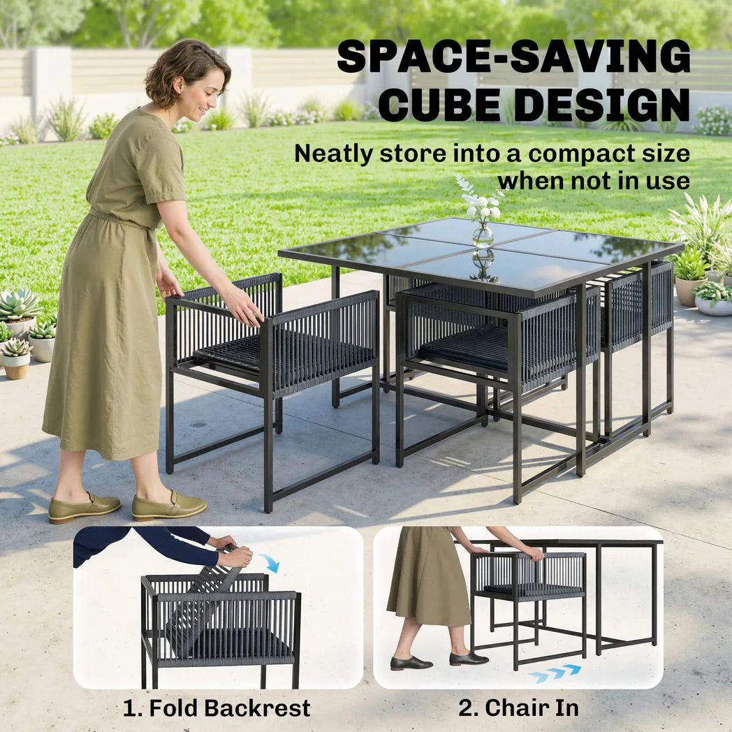 Outsunny 5 Piece Garden Dining Set for 4 with Glass-Top Table and Foldable Backrest Chairs – Outdoor Patio Cube Set, Dark Grey