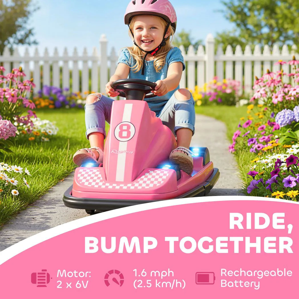 AIYAPLAY Kids Electric Bumper Car with 360° Spin, LED Lights and Music – Ride On Waltzer for Ages 3-8, Pink