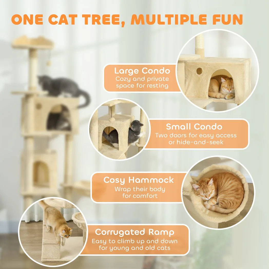PawHut 180cm Large Cat Tree with Sisal Scratching Posts, Condos, Plush Perches, Hammock and Ladder, Beige