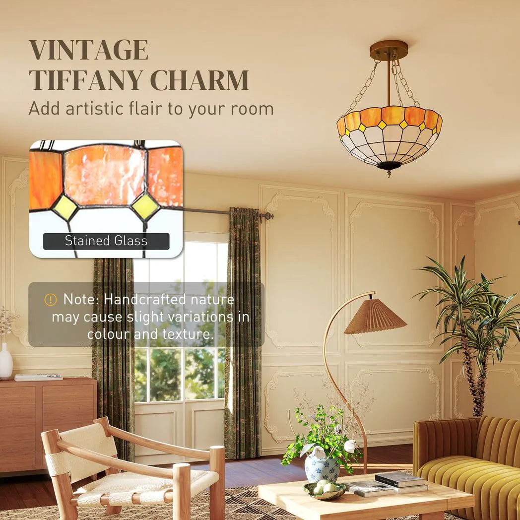 HOMCOM Tiffany Style Ceiling Light with 3 E27 Sockets – Vintage Stained Glass Semi Flush Chandelier